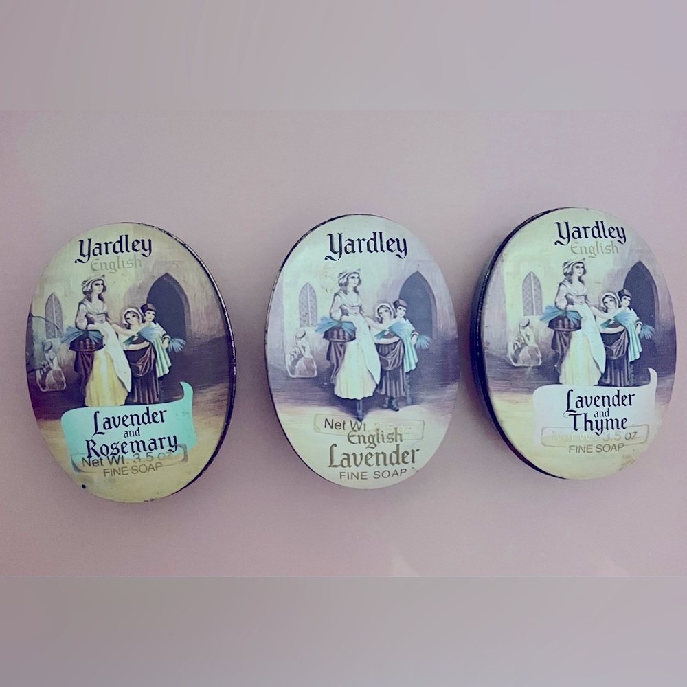 Set of 3 Vintage Yardley soap tins with soaps still wrapped in plastic and new.